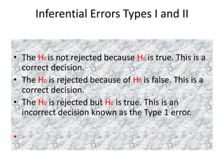 Inferential Errors Types I and II
• The H0 is not rejected because H0 is true. This is a
correct decision.
• The H0 is rejected because of H0 is false. This is a
correct decision.
• The H0 is rejected but H0 is true. This is an
incorrect decision known as the Type 1 error.
•
 
