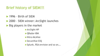 Brief history of SIEM!!!
 1996 – Birth of SIEM
 2000 – SIEM winner: ArcSight launches
 Big players in the market
ArcSight-HP
QRadar-IBM
Nitro-McAfee
SecureVue–EiQ
Splunk, RSA envision and so on….
 