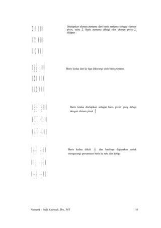  2 1 1 1 0 0
                             Ditetapkan elemen pertama dari baris pertama sebagai elemen
                             pivot, yaitu 2. Baris pertama dibagi oleh elemen pivot 2,
                             didapat :

 1 2 1 0 1 0
 
 1 1 2 0 0 1

 1 12 21 12 0 0           Baris kedua dan ke tiga dikurangi oleh baris pertama

               
1 2 1 0 1 0
1 1 2 0 0 1
               

  1 12 21 12 0 0                 Baris kedua ditetapkan sebagai baris pivot, yang dibagi


  31 1 
                                                         3
                                   dengan elemen pivot   2




  0 2 2 − 2 1 0
  0 1 3 − 1 0 1
  22 2 
 1 12 21 12 0 0             Baris kedua dikali         1
                                                         2   dan hasilnya digunakan untuk


 1 12 
                              mengurangi persamaan baris ke satu dan ketiga



 0 1 3 − 3 3 0
 0 1 3 − 1 0 1
 2 2 2 



Numerik : Budi Kudwadi, Drs., MT                                                         35
 