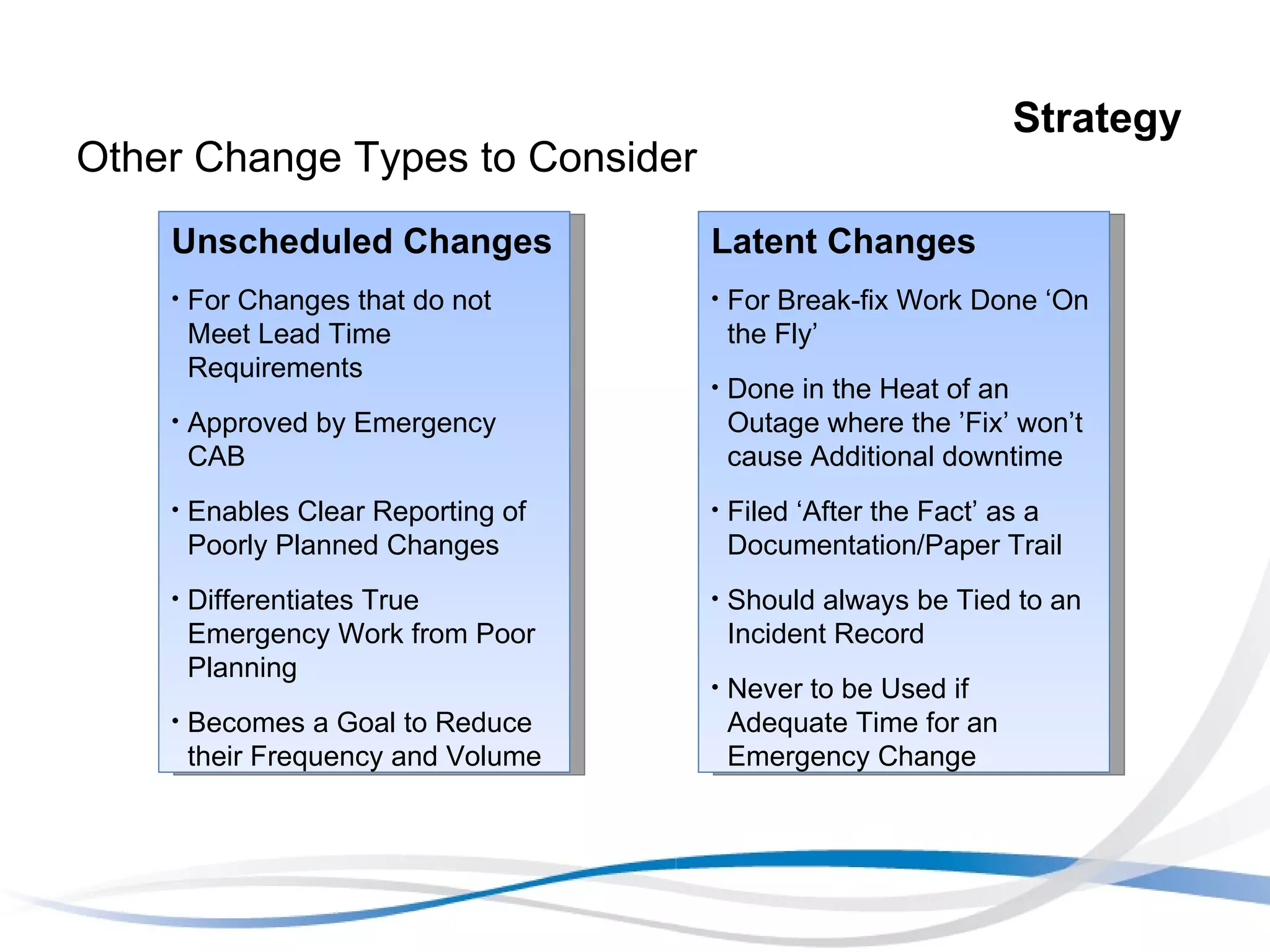 Strategy  Other Change Types to Consider Unscheduled Changes For Changes that do not Meet Lead Time Requirements Approved by Emergency CAB Enables Clear Reporting of Poorly Planned Changes Differentiates True Emergency Work from Poor Planning Becomes a Goal to Reduce their Frequency and Volume Latent Changes For Break-fix Work Done ‘On the Fly’ Done in the Heat of an Outage where the ’Fix’ won’t cause Additional downtime Filed ‘After the Fact’ as a Documentation/Paper Trail Should always be Tied to an Incident Record Never to be Used if Adequate Time for an Emergency Change 
