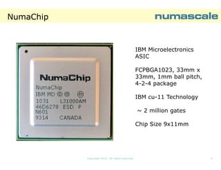 NumaChip

IBM Microelectronics
ASIC
FCPBGA1023, 33mm x
33mm, 1mm ball pitch,
4-2-4 package
IBM cu-11 Technology
~ 2 million gates
Chip Size 9x11mm

Copyright 2013. All rights reserved.

5

 