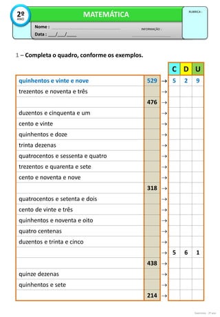Data : ___/___/____
INFORMAÇÃO :
Nome :
MATEMÁTICA
RUBRICA :
2º
ANO
Exercícios - 2º ano
1 – Completa o quadro, conforme os exemplos.
C D U
quinhentos e vinte e nove 529  5 2 9
trezentos e noventa e três 
476 
duzentos e cinquenta e um 
cento e vinte 
quinhentos e doze 
trinta dezenas 
quatrocentos e sessenta e quatro 
trezentos e quarenta e sete 
cento e noventa e nove 
318 
quatrocentos e setenta e dois 
cento de vinte e três 
quinhentos e noventa e oito 
quatro centenas 
duzentos e trinta e cinco 
 5 6 1
438 
quinze dezenas 
quinhentos e sete 
214 
 