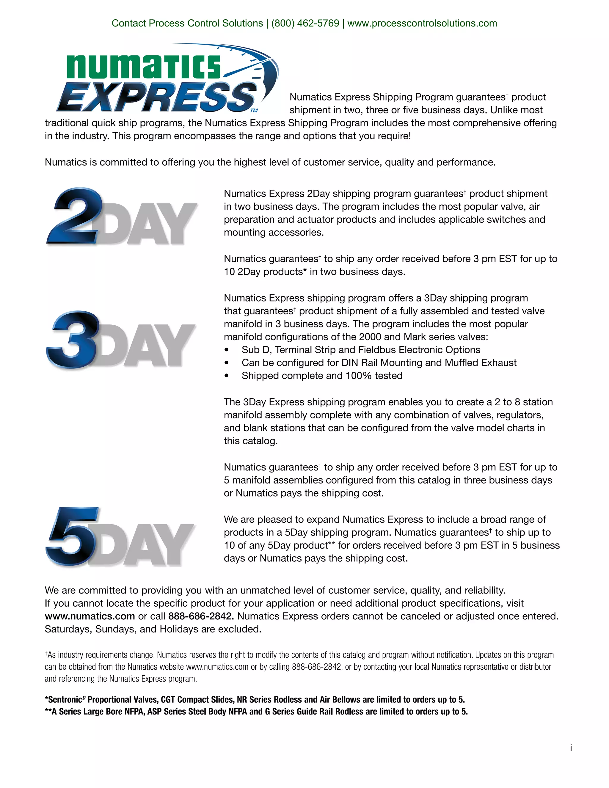 We are committed to providing you with an unmatched level of customer service, quality, and reliability.
If you cannot locate the speciﬁc product for your application or need additional product speciﬁcations, visit
www.numatics.com or call 888-686-2842. Numatics Express orders cannot be canceled or adjusted once entered.
Saturdays, Sundays, and Holidays are excluded.
†
As industry requirements change, Numatics reserves the right to modify the contents of this catalog and program without notiﬁcation. Updates on this program
can be obtained from the Numatics website www.numatics.com or by calling 888-686-2842, or by contacting your local Numatics representative or distributor
and referencing the Numatics Express program.
*SentronicD
Proportional Valves, CGT Compact Slides, NR Series Rodless and Air Bellows are limited to orders up to 5.
**A Series Large Bore NFPA, ASP Series Steel Body NFPA and G Series Guide Rail Rodless are limited to orders up to 5.
Numatics Express Shipping Program guarantees†
product
shipment in two, three or ﬁve business days. Unlike most
traditional quick ship programs, the Numatics Express Shipping Program includes the most comprehensive offering
in the industry. This program encompasses the range and options that you require!
Numatics is committed to offering you the highest level of customer service, quality and performance.
Numatics Express 2Day shipping program guarantees†
product shipment
in two business days. The program includes the most popular valve, air
preparation and actuator products and includes applicable switches and
mounting accessories.
Numatics guarantees†
to ship any order received before 3 pm EST for up to
10 2Day products* in two business days.
Numatics Express shipping program offers a 3Day shipping program
that guarantees†
product shipment of a fully assembled and tested valve
manifold in 3 business days. The program includes the most popular
manifold conﬁgurations of the 2000 and Mark series valves:
Sub D, Terminal Strip and Fieldbus Electronic Options
Can be conﬁgured for DIN Rail Mounting and Mufﬂed Exhaust
Shipped complete and 100% tested
The 3Day Express shipping program enables you to create a 2 to 8 station
manifold assembly complete with any combination of valves, regulators,
and blank stations that can be conﬁgured from the valve model charts in
this catalog.
Numatics guarantees†
to ship any order received before 3 pm EST for up to
5 manifold assemblies conﬁgured from this catalog in three business days
or Numatics pays the shipping cost.
We are pleased to expand Numatics Express to include a broad range of
products in a 5Day shipping program. Numatics guarantees†
to ship up to
10 of any 5Day product** for orders received before 3 pm EST in 5 business
days or Numatics pays the shipping cost.
i
Contact Process Control Solutions | (800) 462-5769 | www.processcontrolsolutions.com
 