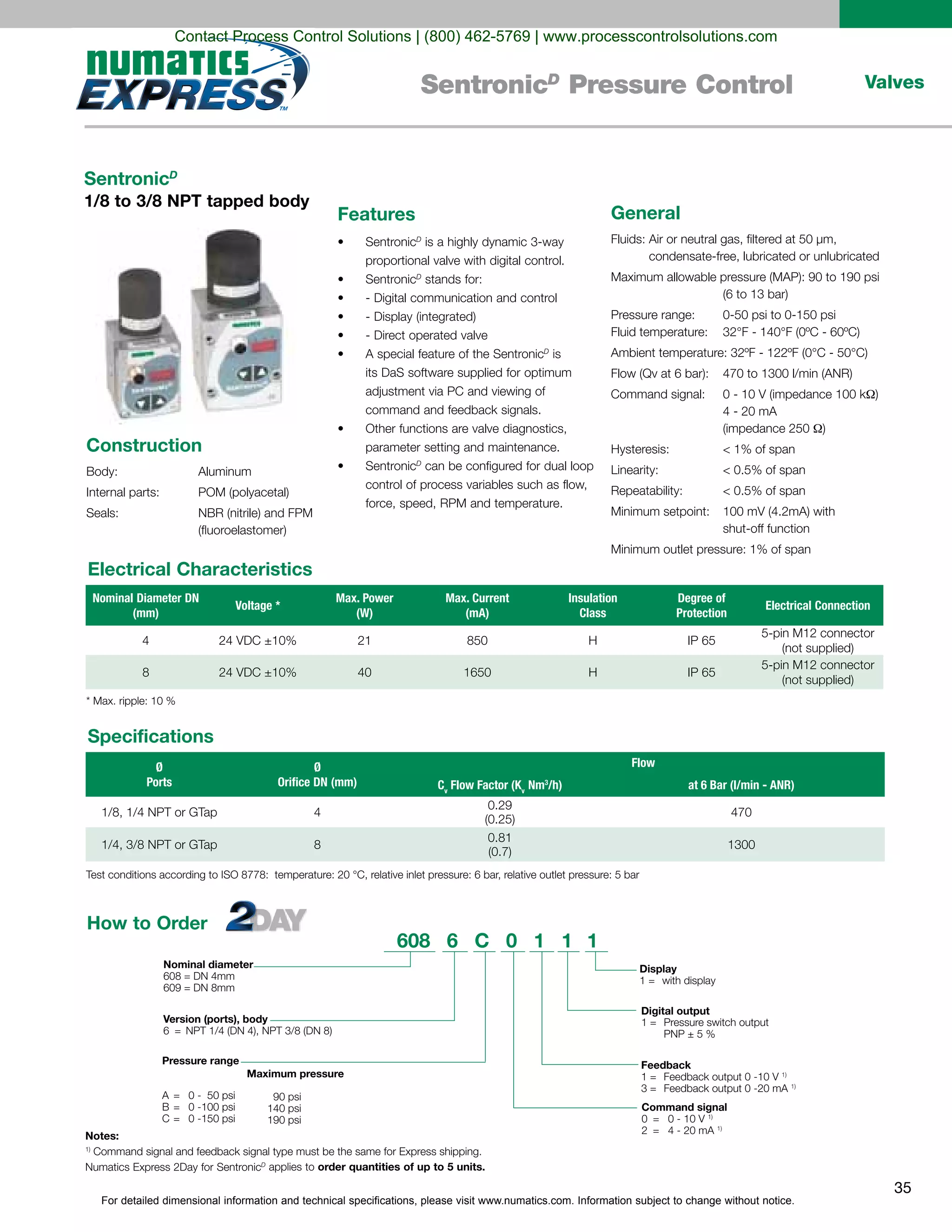 For detailed dimensional information and technical specifications, please visit www.numatics.com. Information subject to change without notice.
35
ValvesSentronicD
Pressure Control
Features
SentronicD
SentronicD
D
is
SentronicD
can be configured for dual loop
Electrical Characteristics
Specifications
General
)
)
Construction
SentronicD
1/8 to 3/8 NPT tapped body
Nominal Diameter DN
(mm)
Voltage *
Max. Power
(W)
Max. Current
(mA)
Insulation
Class
Degree of
Protection
Electrical Connection
4 21 850 H
8 40 1650 H
Ø
Ports
Ø
Orifice DN (mm)
Flow
Cv
Flow Factor (Kv
Nm3
/h) at 6 Bar (l/min - ANR)
4
0.29
470
8
0.81
1300
608 6 C 0 1 1 1
Nominal diameter
Version (ports), body
Display
Digital output
Feedback
1)
1)
Command signal
1)
1)
Pressure range
A
Maximum pressure
90 psi
140 psi
190 psi
How to Order
Notes:
1)
D
applies to order quantities of up to 5 units.
Contact Process Control Solutions | (800) 462-5769 | www.processcontrolsolutions.com
 