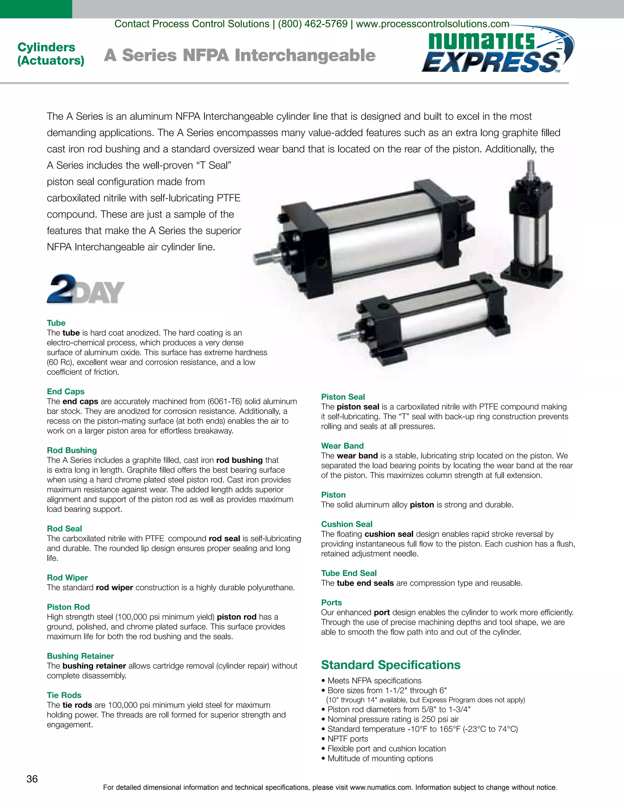 For detailed dimensional information and technical specifications, please visit www.numatics.com. Information subject to change without notice.
36
Cylinders
(Actuators) A Series NFPA Interchangeable
Tube
tube
coefficient of friction.
End Caps
end caps
Rod Bushing
rod bushing
load bearing support.
Rod Seal
rod seal
life.
Rod Wiper
rod wiper
Piston Rod
piston rod
Bushing Retainer
bushing retainer
Tie Rods
tie rods
Piston Seal
piston seal
rolling and seals at all pressures.
Wear Band
wear band
Piston
piston is strong and durable.
Cushion Seal
cushion seal
Tube End Seal
tube end seals
Ports
port
Standard Specifications
" "
10" "
" "
Contact Process Control Solutions | (800) 462-5769 | www.processcontrolsolutions.com
 
