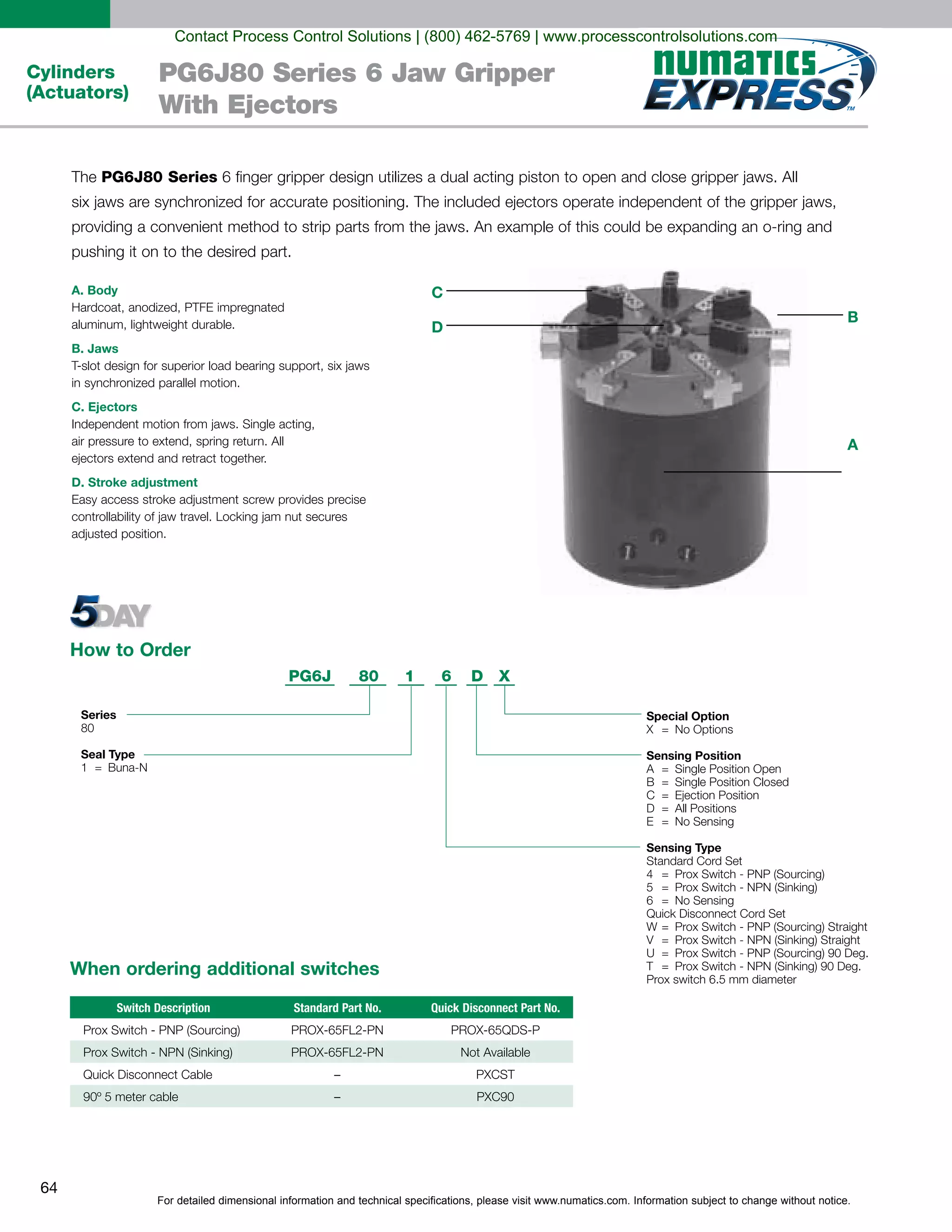 For detailed dimensional information and technical specifications, please visit www.numatics.com. Information subject to change without notice.
64
Cylinders
(Actuators)
PG6J80 Series 6 Jaw Gripper
With Ejectors
PG6J80 Series
A. Body
B. Jaws
C. Ejectors
D. Stroke adjustment
How to Order
Series
80
Seal Type
1 Buna-N=
PG6J 80 1 6 D X
Special Option
X = No Options
Sensing Position
A Single Position Open
B Single Position Closed
C Ejection Position
D All Positions
E
=
=
=
=
= No Sensing
Sensing Type
Standard Cord Set
4 Prox Switch - PNP (Sourcing)
5 Prox Switch - NPN (Sinking)
6
=
=
= No Sensing
Quick Disconnect Cord Set
W Prox Switch - PNP (Sourcing) Straight
V Prox Switch - NPN (Sinking) Straight
U Prox Switch - PNP (Sourcing) 90 Deg.
T
=
=
=
= Prox Switch - NPN (Sinking) 90 Deg.
Prox switch 6.5 mm diameter
C
D
B
A
When ordering additional switches
Switch Description Standard Part No. Quick Disconnect Part No.
Not Available
–
–
Contact Process Control Solutions | (800) 462-5769 | www.processcontrolsolutions.com
 
