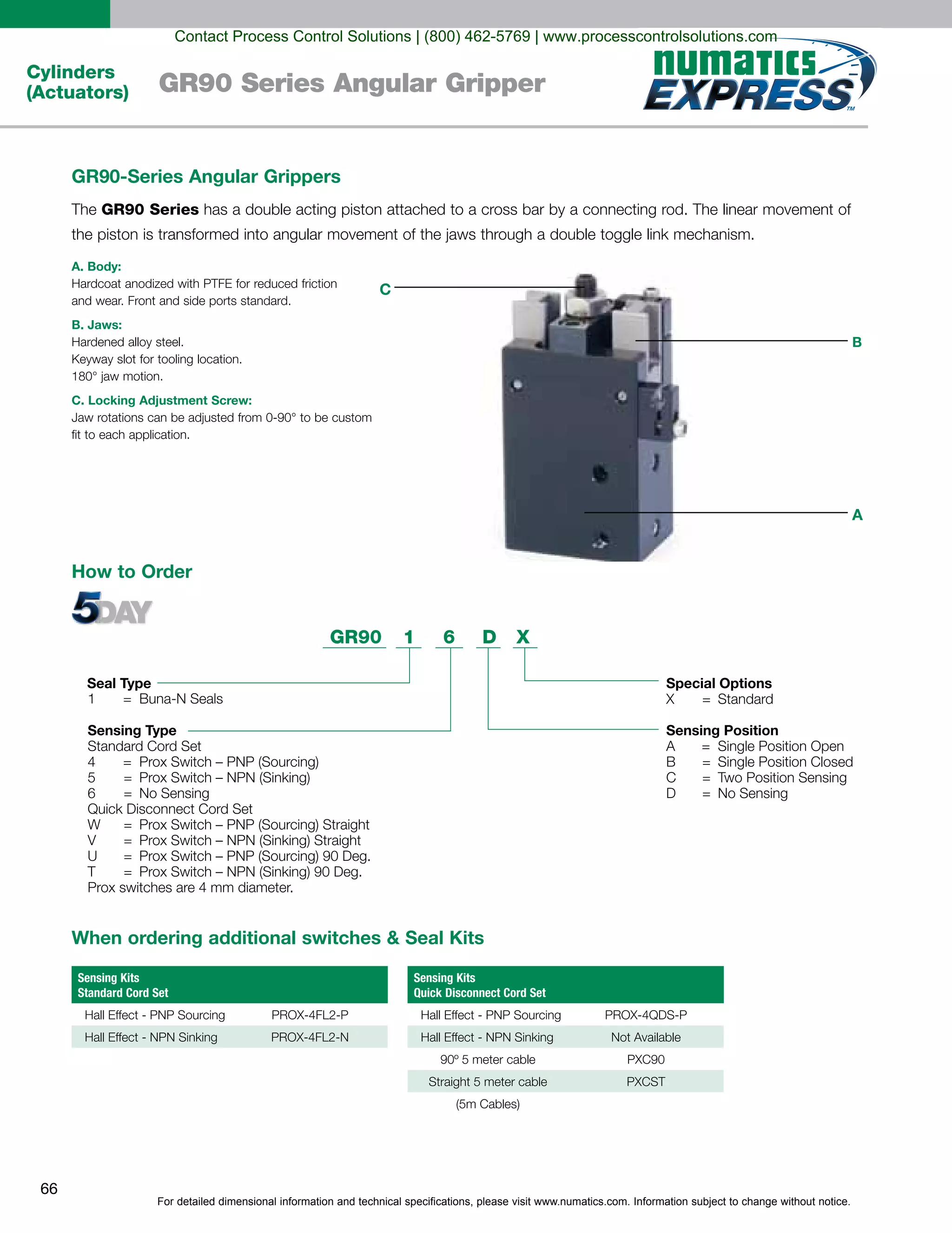For detailed dimensional information and technical specifications, please visit www.numatics.com. Information subject to change without notice.
66
Cylinders
(Actuators) GR90 Series Angular Gripper
GR90-Series Angular Grippers
GR90 Series
A. Body:
and wear. Front and side ports standard.
B. Jaws:
C. Locking Adjustment Screw:
C
A
B
Seal Type
GR90 1 6 D
Special Options
X = Standard
Sensing Position
A = Single Position Open
B = Single Position Closed
C = Two Position Sensing
D = No Sensing
Sensing Type
4 = Prox Switch – PNP (Sourcing)
5
Standard Cord Set
= Prox Switch – NPN (Sinking)
1 = Buna-N Seals
6 = No Sensing
Quick Disconnect Cord Set
W = Prox Switch – PNP (Sourcing) Straight
V = Prox Switch – NPN (Sinking) Straight
T = Prox Switch – NPN (Sinking) 90 Deg.
U
Prox switches are 4 mm diameter.
= Prox Switch – PNP (Sourcing) 90 Deg.
X
How to Order
When ordering additional switches & Seal Kits
Sensing Kits
Quick Disconnect Cord Set
Not Available
Sensing Kits
Standard Cord Set
Contact Process Control Solutions | (800) 462-5769 | www.processcontrolsolutions.com
 