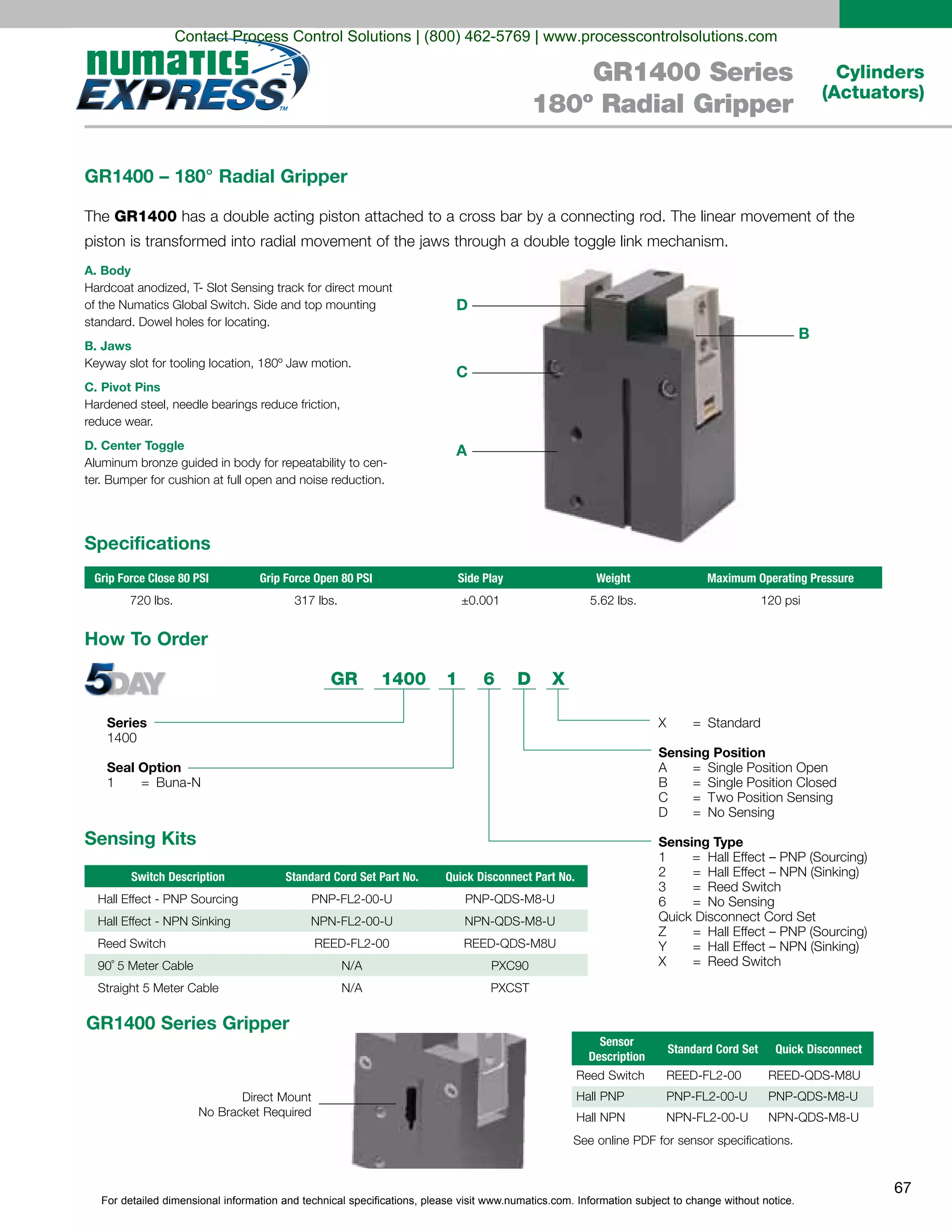 For detailed dimensional information and technical specifications, please visit www.numatics.com. Information subject to change without notice.
67
Cylinders
(Actuators)
GR1400 Series
180º Radial Gripper
GR1400 – 180° Radial Gripper
GR1400
A. Body
B. Jaws
C. Pivot Pins
Hardened steel, needle bearings reduce friction,
reduce wear.
D. Center Toggle
Series
1400
Seal Option
1 = Buna-N
GR 1400 1 6 X
Sensing Position
A = Single Position Open
X = Standard
B = Single Position Closed
C = Two Position Sensing
D = No Sensing
Sensing Type
1 = Hall Effect – PNP (Sourcing)
2 = Hall Effect – NPN (Sinking)
3 = Reed Switch
6 = No Sensing
Quick Disconnect Cord Set
Z = Hall Effect – PNP (Sourcing)
Y = Hall Effect – NPN (Sinking)
X = Reed Switch
D
How To Order
Specifications
Sensing Kits
Grip Force Close 80 PSI Grip Force Open 80 PSI Side Play Weight Maximum Operating Pressure
720 lbs. 317 lbs. 5.62 lbs. 120 psi
Switch Description Standard Cord Set Part No. Quick Disconnect Part No.
N/A
N/A
GR1400 Series Gripper
Sensor
Description
Standard Cord Set Quick Disconnect
D
C
A
B
Contact Process Control Solutions | (800) 462-5769 | www.processcontrolsolutions.com
 