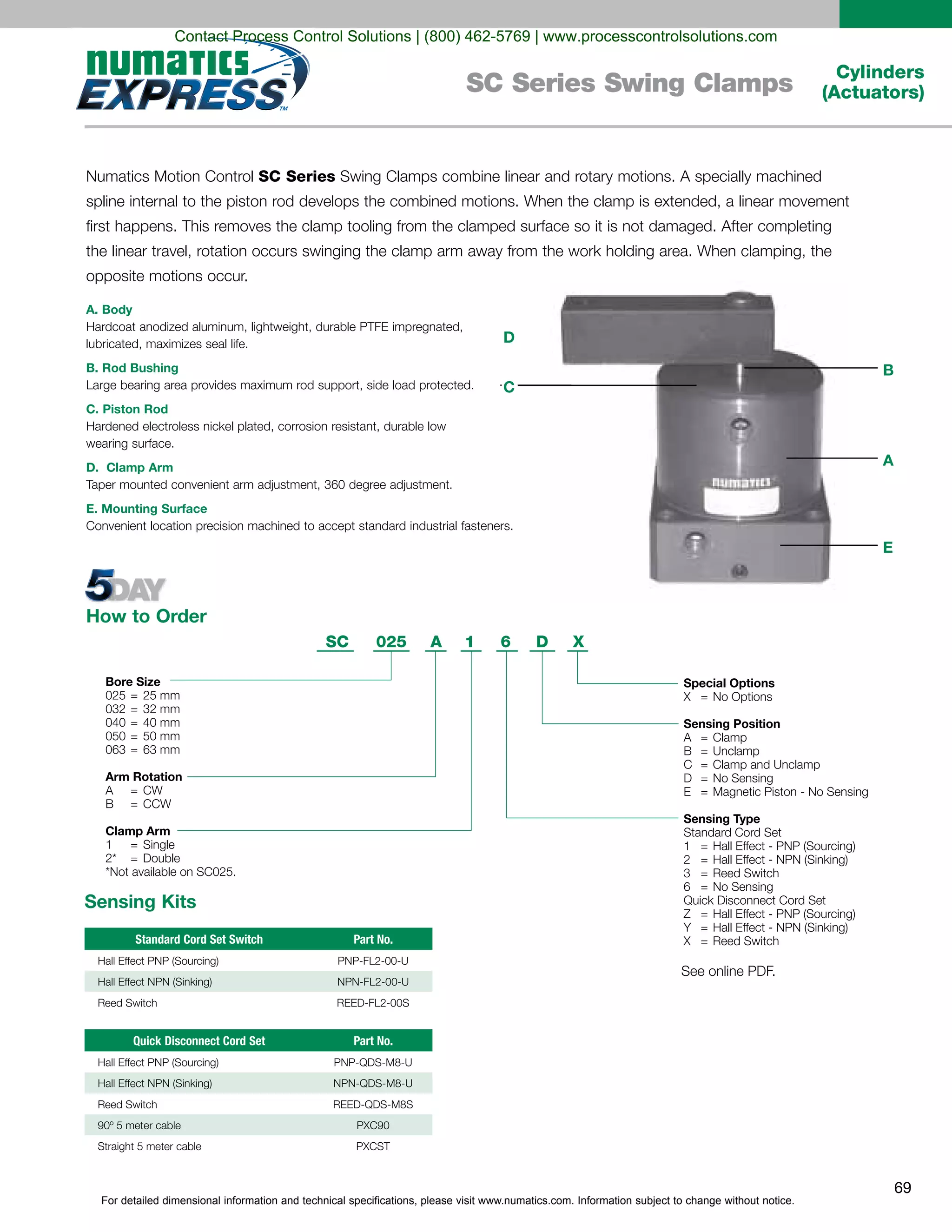 For detailed dimensional information and technical specifications, please visit www.numatics.com. Information subject to change without notice.
69
Cylinders
(Actuators)SC Series Swing Clamps
SC Series
A. Body
B. Rod Bushing
C. Piston Rod
wearing surface.
D. Clamp Arm
E. Mounting Surface
D
C
B
A
E
How to Order
Bore Size
025 = 25 mm
032 = 32 mm
040 = 40 mm
050 = 50 mm
063 = 63 mm
Arm Rotation
A CW
B
=
= CCW
Clamp Arm
1 = Single
2* = Double
*Not available on SC025.
SC 025 A 1 6 D X
Special Options
X = No Options
Sensing Position
A Clamp
B Unclamp
C Clamp and Unclamp
D No Sensing
E
=
=
=
=
= Magnetic Piston - No Sensing
Sensing Type
Standard Cord Set
1 Hall Effect - PNP (Sourcing)
2 Hall Effect - NPN (Sinking)
3 Reed Switch
6 No Sensing
Quick Disconnect Cord Set
Z Hall Effect - PNP (Sourcing)
Y Hall Effect - NPN (Sinking)
X
=
=
=
=
=
=
= Reed Switch
Sensing Kits
Standard Cord Set Switch Part No.
Quick Disconnect Cord Set Part No.
Contact Process Control Solutions | (800) 462-5769 | www.processcontrolsolutions.com
 