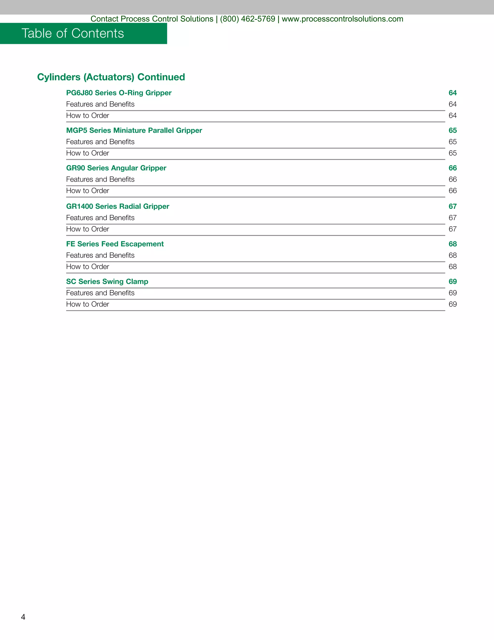 Cylinders (Actuators) Continued
PG6J80 Series O-Ring Gripper 64
Features and Benefits 64
How to Order 64
MGP5 Series Miniature Parallel Gripper 65
Features and Benefits 65
How to Order 65
GR90 Series Angular Gripper 66
Features and Benefits 66
How to Order 66
GR1400 Series Radial Gripper 67
Features and Benefits 67
How to Order 67
FE Series Feed Escapement 68
Features and Benefits 68
How to Order 68
SC Series Swing Clamp 69
Features and Benefits 69
How to Order 69
Table of Contents
4
Contact Process Control Solutions | (800) 462-5769 | www.processcontrolsolutions.com
 