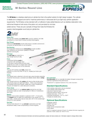For detailed dimensional information and technical specifications, please visit www.numatics.com. Information subject to change without notice.
42
Cylinders
(Actuators) M Series Round Line
Piston Rod
piston rod
Rod Thread
rod threads
connection as well as piston to rod connection.
Rod Bushing
rod bushing
operation and long life.
End Caps
end caps
Ports
ports in
Tube
tube, drawn and
Crimp
crimp.
Piston
piston
®
,
Piston Seals
pistons seals
Magnet
" – 3"
magnet " – 3"
"
"
Rod Seal
rod seal
Pre-Lubricated
Pre-lubricated
®
Standard Specifications
" – 3"
Optional Specifications
®
end caps
Delrin®
M Series
Contact Process Control Solutions | (800) 462-5769 | www.processcontrolsolutions.com
 