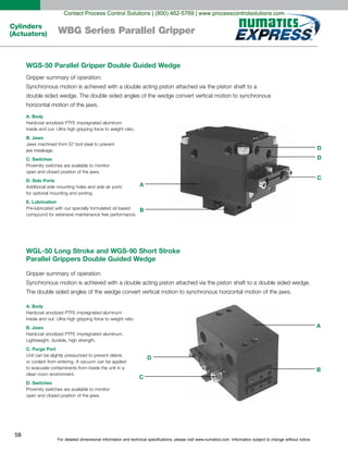 For detailed dimensional information and technical specifications, please visit www.numatics.com. Information subject to change without notice.
58
Cylinders
(Actuators) WBG Series Parallel Gripper
WGL-50 Long Stroke and WGS-90 Short Stroke
Parallel Grippers Double Guided Wedge
A. Body
B. Jaws
C. Purge Port
D. Switches
WGS-50 Parallel Gripper Double Guided Wedge
A. Body
B. Jaws
C. Switches
D. Side Ports
E. Lubrication
C
D
B
A
B
A
D
D
C
Contact Process Control Solutions | (800) 462-5769 | www.processcontrolsolutions.com
 