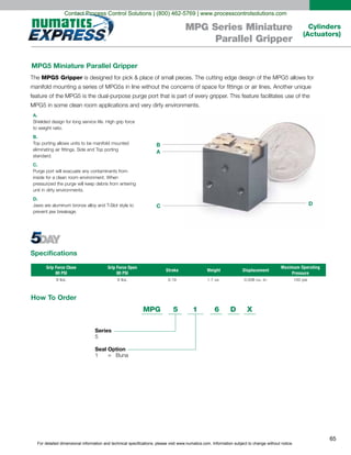 For detailed dimensional information and technical specifications, please visit www.numatics.com. Information subject to change without notice.
65
Cylinders
(Actuators)
MPG Series Miniature
Parallel Gripper
MPG5 Miniature Parallel Gripper
A.
B.
standard.
C.
D.
MPG5 Gripper
Grip Force Close
80 PSI
Grip Force Open
80 PSI
Stroke Weight Displacement
Maximum Operating
Pressure
9 lbs. 9 lbs. 0.19 0.008 cu. in. 100 psi
Specifications
A
B
C D
How To Order
Series
5
Seal Option
1 = Buna
MPG 5 1 6 D X
Contact Process Control Solutions | (800) 462-5769 | www.processcontrolsolutions.com
 