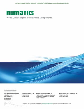 World Class Supplier of Pneumatic Components
World Headquarters
Numatics, Inc. | Tel (248) 596-3200 | www.numatics.com | email: insidesales@numatics.com
LTExpress Rev 2/14
7.5M-WAL-2/14
© Numatics Inc. 2009 - 2013
Numatics®
is registered in the United States and elsewhere
USA Numatics, Incorporated
46280 Dylan Drive
Novi, Michigan 48377
P: 248-596-3200
F: 248-596-3201
Canada Numatics, Ltd
P: 519-758-2700
F: 519-758-5540
Brazil Ascoval Ind.e Comercio Ltda
P: (55) 11-4208-1700
F: (55) 11-4195-3970
México - Ascomatica SA de CV
P: 52 55 58 09 56 40 (DF y Area metropolitana)
P: 01 800 000 2726 (Interior de la República)
F: 52 55 58 09 56 60
Contact Process Control Solutions | (800) 462-5769 | www.processcontrolsolutions.com
 