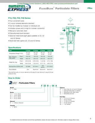 For detailed dimensional information and technical specifications, please visit www.numatics.com. Information subject to change without notice.
5
FRLsFlexiBlok
®
Particulate Filters
F14, F22, F32, F42 Series
ANSI SYMBOL
Specifications
How to Order
- Particulate Filters
and 42 Series)
Element
Threads
F 22 B – 04 A
Model
F = Filter
Series
Port Size
Options
Bowl 14 Series 22 Series 32 Series 42 Series
105
Zinc
pressure drop
Contact Process Control Solutions | (800) 462-5769 | www.processcontrolsolutions.com
 