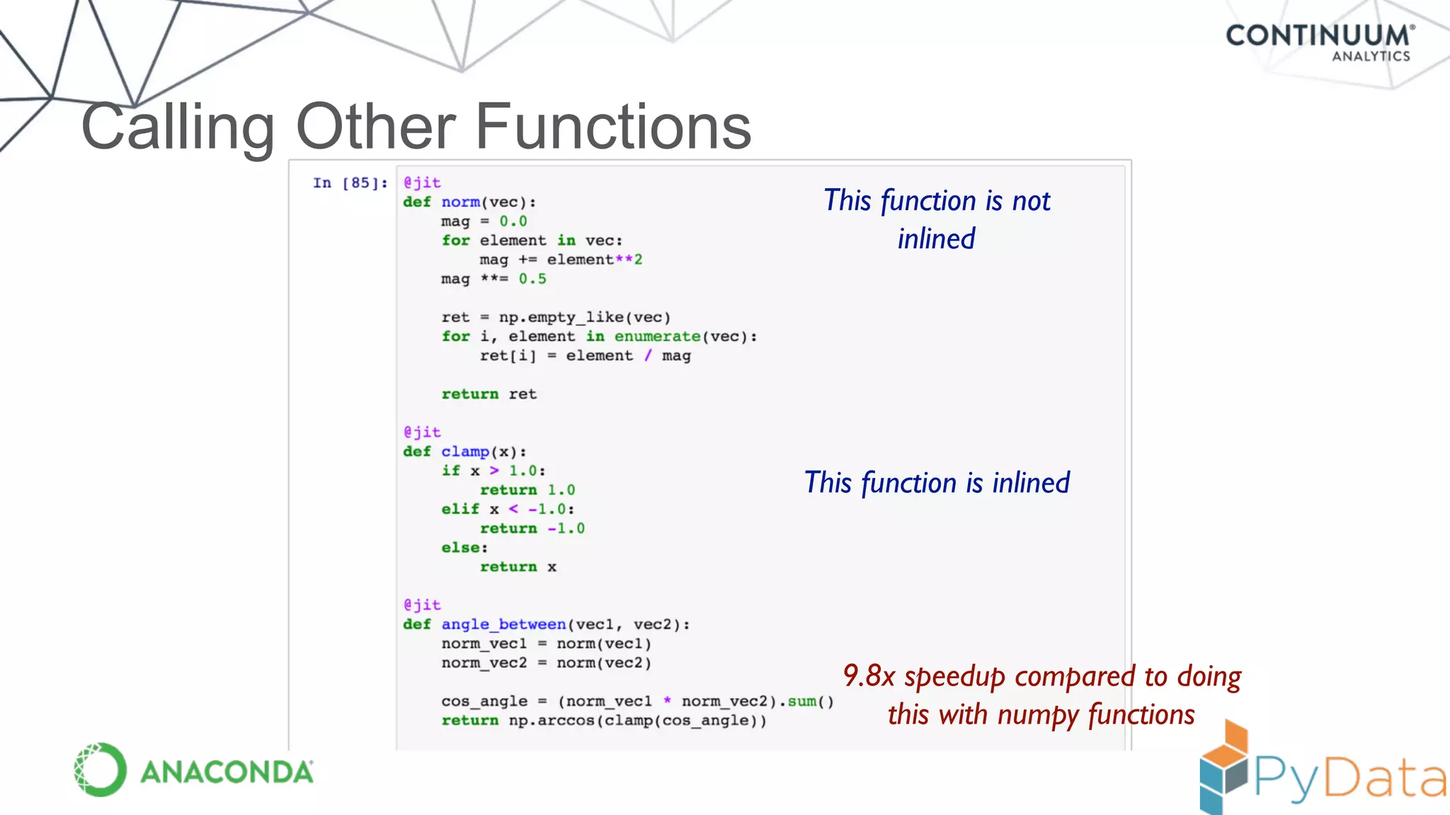 Calling Other Functions
This function is not
inlined
This function is inlined
9.8x speedup compared to doing
this with numpy functions
 