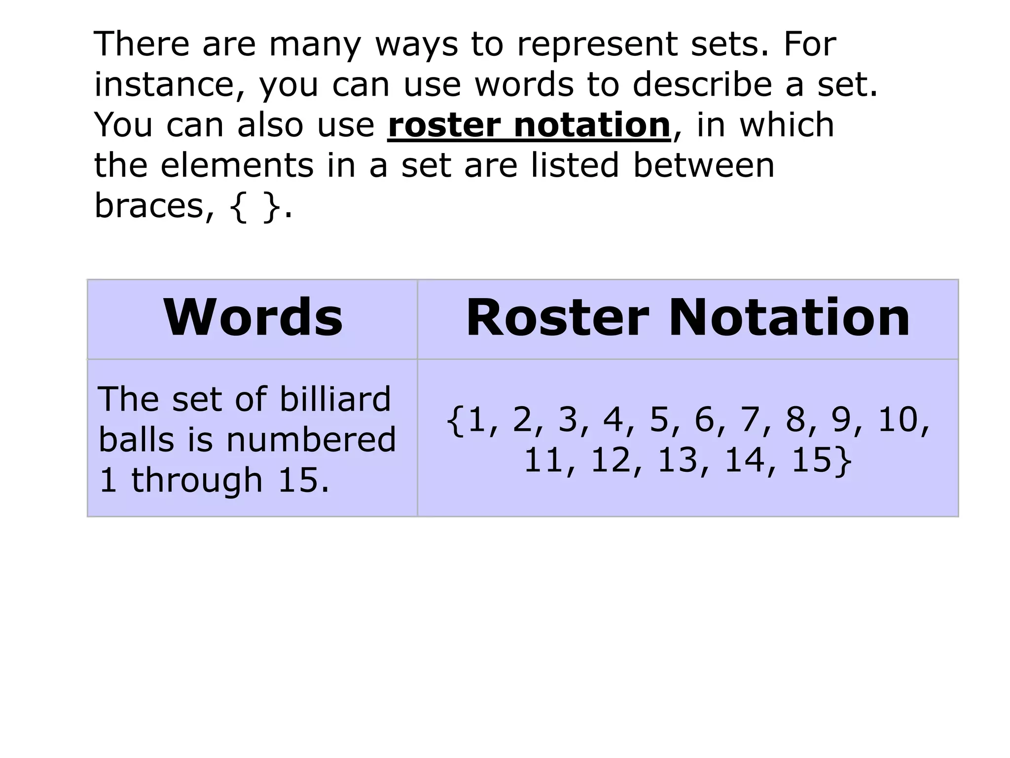 There are many ways to represent sets. For
instance, you can use words to describe a set.
You can also use roster notation, in which
the elements in a set are listed between
braces, { }.


    Words              Roster Notation
The set of billiard
                      {1, 2, 3, 4, 5, 6, 7, 8, 9, 10,
balls is numbered
                          11, 12, 13, 14, 15}
1 through 15.
 