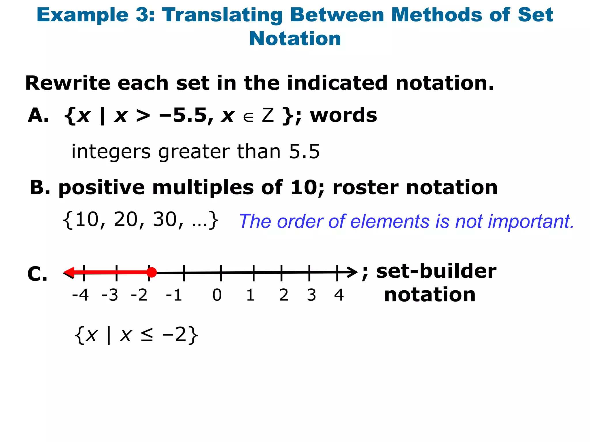 Example 3: Translating Between Methods of Set
                    Notation

Rewrite each set in the indicated notation.
A. {x | x > –5.5, x           Z }; words
     integers greater than 5.5
B. positive multiples of 10; roster notation
     {10, 20, 30, …} The order of elements is not important.

C.                                   ; set-builder
      -4 -3 -2   -1   0   1    2 3 4    notation

      {x | x ≤ –2}
 