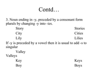 Contd…
3. Noun ending in -y, preceded by a consonant form
plurals by changing -y into -ies.
Story Stories
City Cities
Lily Lilies
If -y is preceded by a vowel then it is usual to add -s to
singular
Valley
Valleys
Key Keys
Boy Boys
 
