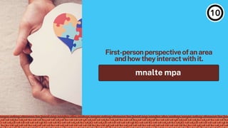 First-personperspectiveofanarea
andhowtheyinteractwithit.
mnalte mpa
 