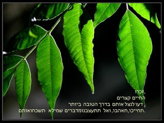 זכרו , החיים קצרים דעו לנצל אותם בדרך הטובה ביותר , תחייכו , תאהבו , ואל תתעצבנו מדברים שמילא תשכחו אותם . 