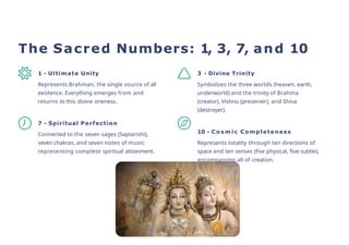 The Sacred Numbers: 1, 3, 7, and 10
1 - Ultimate Unity
Represents Brahman, the single source of all
existence. Everything emerges from and
returns to this divine oneness.
7 - Spiritual Perfection
Connected to the seven sages (Saptarishi),
seven chakras, and seven notes of music
representing complete spiritual attainment.
3 - Divine Trinity
Symbolizes the three worlds (heaven, earth,
underworld) and the trinity of Brahma
(creator), Vishnu (preserver), and Shiva
(destroyer).
10 - C o s m i c Completeness
Represents totality through ten directions of
space and ten senses (five physical, five subtle),
encompassing all of creation.
 