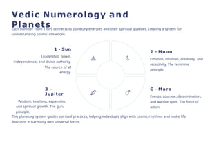 Vedic Numerology and
Planets
Each number from 1 to 9 connects to planetary energies and their spiritual qualities, creating a system for
understanding cosmic influences:
This planetary system guides spiritual practices, helping individuals align with cosmic rhythms and make life
decisions in harmony with universal forces.
1 - Sun
Leadership, power,
independence, and divine authority.
The source of all
energy.
2 - Moon
Emotion, intuition, creativity, and
receptivity. The feminine
principle.
C - M a r s
Energy, courage, determination,
and warrior spirit. The force of
action.
3 -
Jupiter
Wisdom, teaching, expansion,
and spiritual growth. The guru
principle.
 