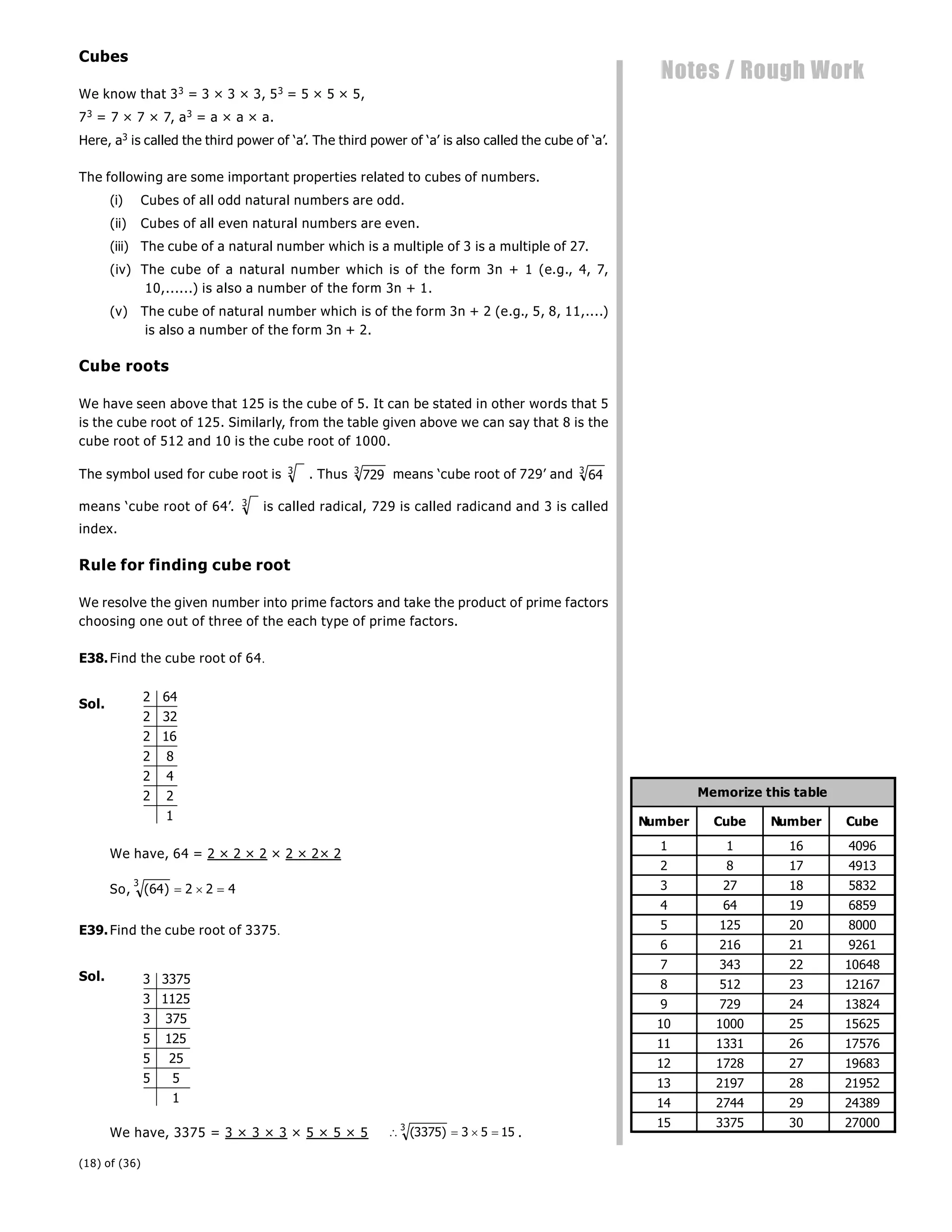 (18) of (36)
Notes / Rough Work
Cubes
We know that 33 = 3 × 3 × 3, 53 = 5 × 5 × 5,
73 = 7 × 7 × 7, a3 = a × a × a.
Here, a3 is called the third power of ‘a’. The third power of ‘a’ is also called the cube of ‘a’.
The following are some important properties related to cubes of numbers.
(i) Cubes of all odd natural numbers are odd.
(ii) Cubes of all even natural numbers are even.
(iii) The cube of a natural number which is a multiple of 3 is a multiple of 27.
(iv) The cube of a natural number which is of the form 3n + 1 (e.g., 4, 7,
10,......) is also a number of the form 3n + 1.
(v) The cube of natural number which is of the form 3n + 2 (e.g., 5, 8, 11,....)
is also a number of the form 3n + 2.
Cube roots
We have seen above that 125 is the cube of 5. It can be stated in other words that 5
is the cube root of 125. Similarly, from the table given above we can say that 8 is the
cube root of 512 and 10 is the cube root of 1000.
The symbol used for cube root is 3
. Thus 729
3
means ‘cube root of 729’ and 64
3
means ‘cube root of 64’. 3
is called radical, 729 is called radicand and 3 is called
index.
Rule for finding cube root
We resolve the given number into prime factors and take the product of prime factors
choosing one out of three of the each type of prime factors.
E38.Find the cube root of 64
Sol.
2 64
2 32
2 16
2 8
2 4
2 2
1
We have, 64 = 2 × 2 × 2 × 2 × 2× 2
So, ( )
64 2 2 4
3
  
E39.Find the cube root of 3375
Sol. 3 3375
3 1125
3 375
5 125
5 25
5 5
1
We have, 3375 = 3 × 3 × 3 × 5 × 5 × 5    
( )
3375 3 5 15
3
.
Number Cube Number Cube
1 1 16 4096
2 8 17 4913
3 27 18 5832
4 64 19 6859
5 125 20 8000
6 216 21 9261
7 343 22 10648
8 512 23 12167
9 729 24 13824
10 1000 25 15625
11 1331 26 17576
12 1728 27 19683
13 2197 28 21952
14 2744 29 24389
15 3375 30 27000
Memorize this table
 