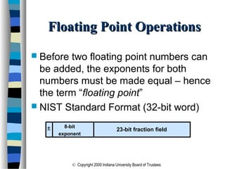 © Copyright 2000 Indiana University Board of Trustees
Floating Point OperationsFloating Point Operations
 Before two floating point numbers can
be added, the exponents for both
numbers must be made equal – hence
the term “floating point”
 NIST Standard Format (32-bit word)
8-bit
exponent
23-bit fraction field±
 