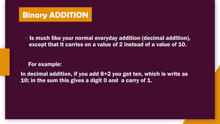 Binary ADDITION
✓Is much like your normal everyday addition (decimal addition),
except that it carries on a value of 2 instead of a value of 10.
For example:
In decimal addition, if you add 8+2 you get ten, which is write as
10; in the sum this gives a digit 0 and a carry of 1.
 