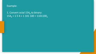 Example:
1. Convert octal 1548 to binary:
1548 = 1 5 4 = 1 101 100 = 11011002
 