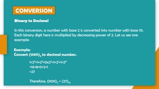 CONVERSION
Binary to Decimal
In this conversion, a number with base 2 is converted into number with base 10.
Each binary digit here is multiplied by decreasing power of 2. Let us see one
example:
Example:
Convert (11011)2 to decimal number.
1×24+1×23+0x22+1×21+1×20
=16+8+0+2+1
=27
Therefore, (11011)2 = (27)10
 