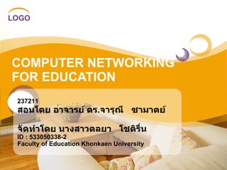 COMPUTER NETWORKING FOR EDUCATION  237211   สอนโดย อาจารย์ ดร . จารุณี  ซามาตย์ จัดทำโดย นางสาวดลยา  โชติรื่น ID : 533050338-2 Faculty of Education Khonkaen University 