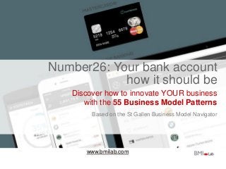 www.bmilab.com
Number26: Your bank account
how it should be
Discover how to innovate YOUR business
with the 55 Business Model Patterns
Based on the St Gallen Business Model Navigator
 
