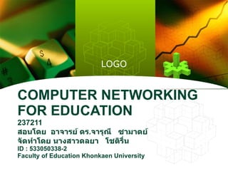 COMPUTER NETWORKING FOR EDUCATION 237211  สอนโดย  อาจารย์ ดร . จารุณี  ซามาตย์ จัดทำโดย นางสาวดลยา  โชติรื่น  ID : 533050338-2 Faculty of Education Khonkaen University 