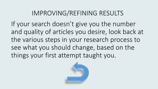 If your search doesn’t give you the number
and quality of articles you desire, look back at
the various steps in your research process to
see what you should change, based on the
things your first attempt taught you.
IMPROVING/REFINING RESULTS
 