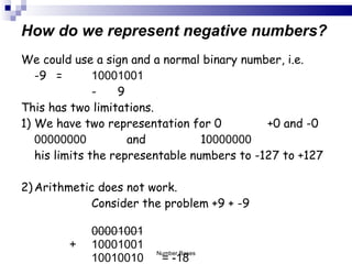 How do we represent negative numbers? We could use a sign and a normal binary number, i.e. -9 = 10001001 -  9 This has two limitations. 1) We have two representation for 0 +0 and -0 00000000 and  1 0000000 his limits the representable numbers to -127 to +127 2) Arithmetic does not work. Consider the problem +9 + -9 00001001   + 10001001 10010010 = -18 Number Bases 