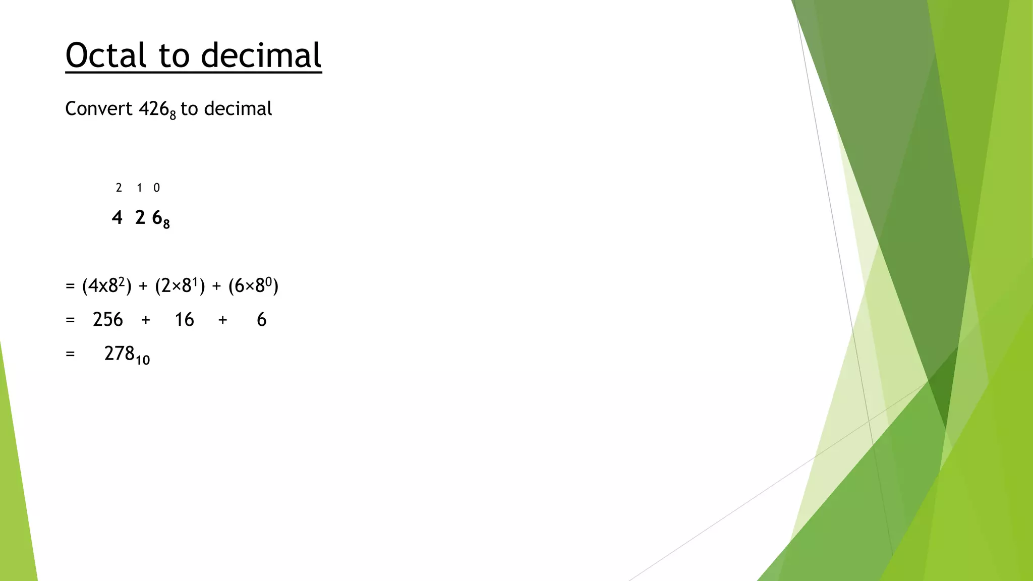 Octal to decimal
Convert 4268 to decimal
2 1 0
4 2 68
= (4x82) + (2×81) + (6×80)
= 256 + 16 + 6
= 27810
 