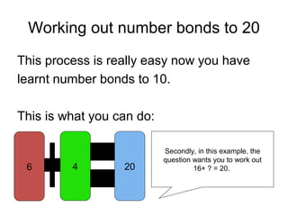 Working out number bonds to 20
This process is really easy now you have
learnt number bonds to 10.
This is what you can do:
4 206
Secondly, in this example, the
question wants you to work out
16+ ? = 20.
 