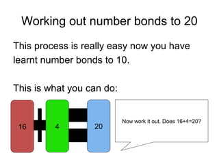 Working out number bonds to 20
This process is really easy now you have
learnt number bonds to 10.
This is what you can do:
4 2016
Now work it out. Does 16+4=20?
 