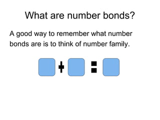 What are number bonds?
A good way to remember what number
bonds are is to think of number family.
 