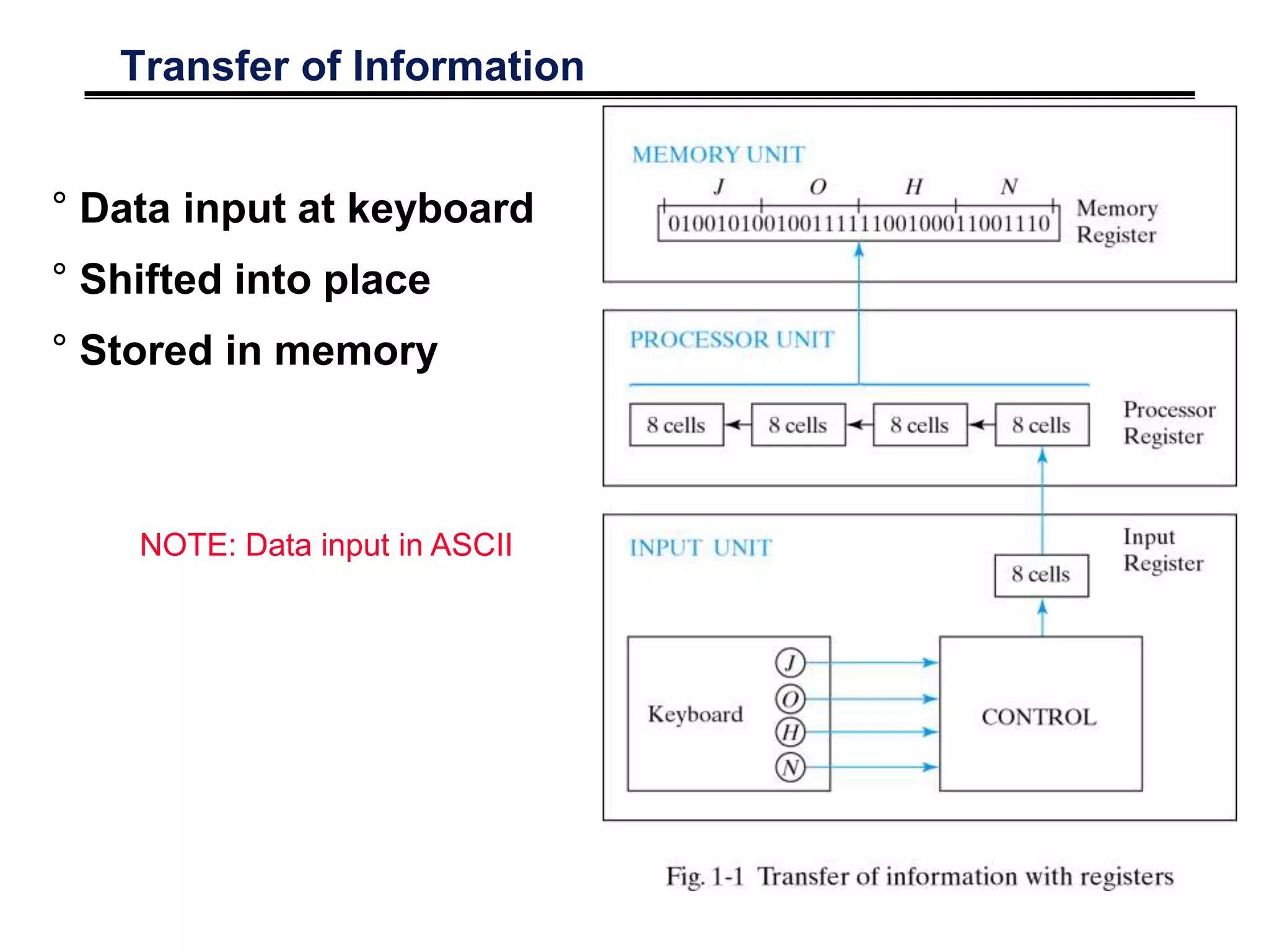 Transfer of Information
° Data input at keyboard
° Shifted into place
° Stored in memory
NOTE: Data input in ASCII
 