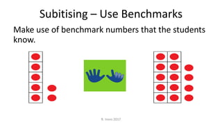 Subitising – Use Benchmarks
Make use of benchmark numbers that the students
know.
R. Irons 2017
 