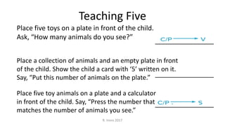 Teaching Five
Place five toys on a plate in front of the child.
Ask, “How many animals do you see?”
Place a collection of animals and an empty plate in front
of the child. Show the child a card with ‘5’ written on it.
Say, “Put this number of animals on the plate.”
Place five toy animals on a plate and a calculator
in front of the child. Say, “Press the number that
matches the number of animals you see.”
R. Irons 2017
 