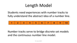 Students need experiences with number tracks to
fully understand the abstract idea of a number line.
Length Model
Number tracks serve to bridge discrete set models
and the continuous number line model.
R. Irons 2017
 