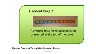 Handout Page 2
Number Concepts Through Mathematics Stories
Advanced idea for relative position
presented at the top of the page.
R. Irons 2017
 