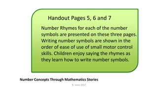 Handout Pages 5, 6 and 7
Number Concepts Through Mathematics Stories
Number Rhymes for each of the number
symbols are presented on these three pages.
Writing number symbols are shown in the
order of ease of use of small motor control
skills. Children enjoy saying the rhymes as
they learn how to write number symbols.
R. Irons 2017
 