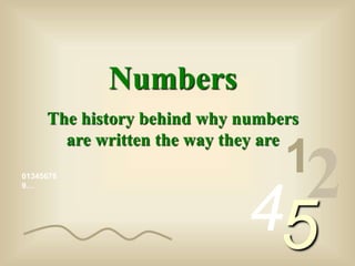 01345678 
9… 
12 
45 
Numbers 
The history behind why numbers 
are written the way they are 
 