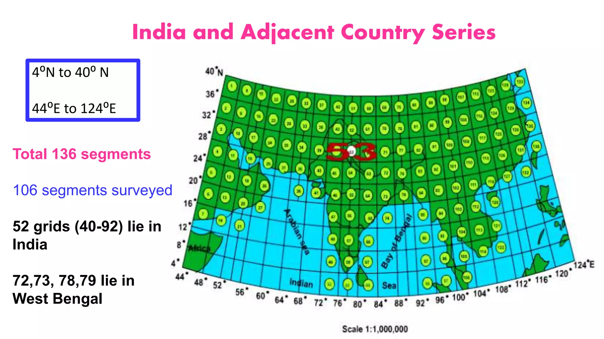 India and Adjacent Country Series
4⁰N to 40⁰ N
44⁰E to 124⁰E
Total 136 segments
106 segments surveyed
52 grids (40-92) lie in
India
72,73, 78,79 lie in
West Bengal
 