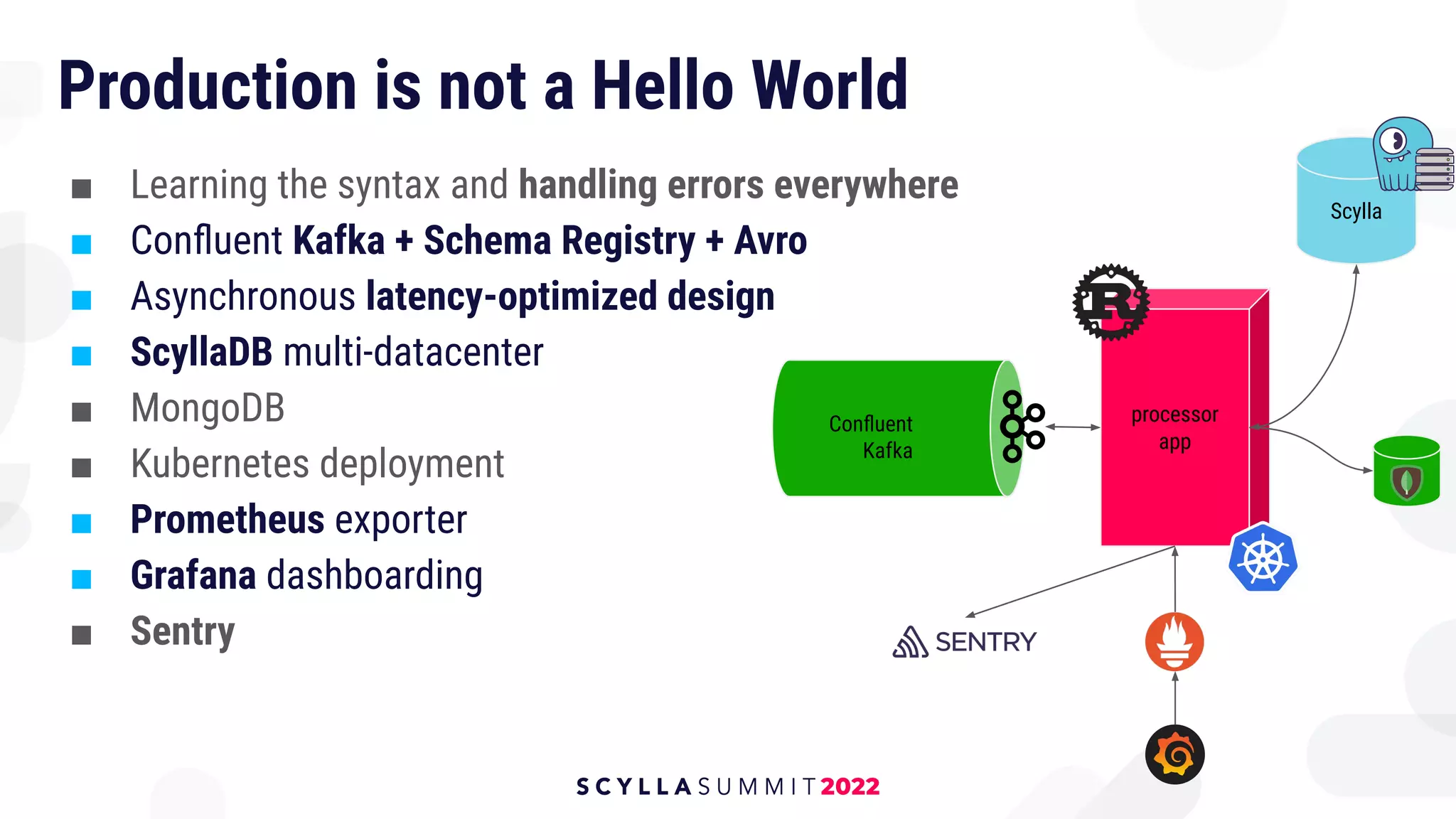 Production is not a Hello World
■ Learning the syntax and handling errors everywhere
■ Conﬂuent Kafka + Schema Registry + Avro
■ Asynchronous latency-optimized design
■ ScyllaDB multi-datacenter
■ MongoDB
■ Kubernetes deployment
■ Prometheus exporter
■ Grafana dashboarding
■ Sentry
Scylla
processor
app
Conﬂuent
Kafka
 
